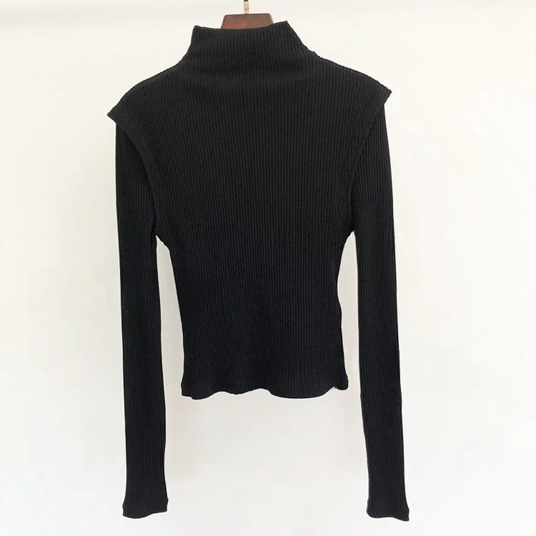 

MaSandeM Весна 2023 Женская однотонная трикотажная кофта с высоким воротником, облегающая, с широкими плечами, в рубчик, для офиса, с длинными рукавами