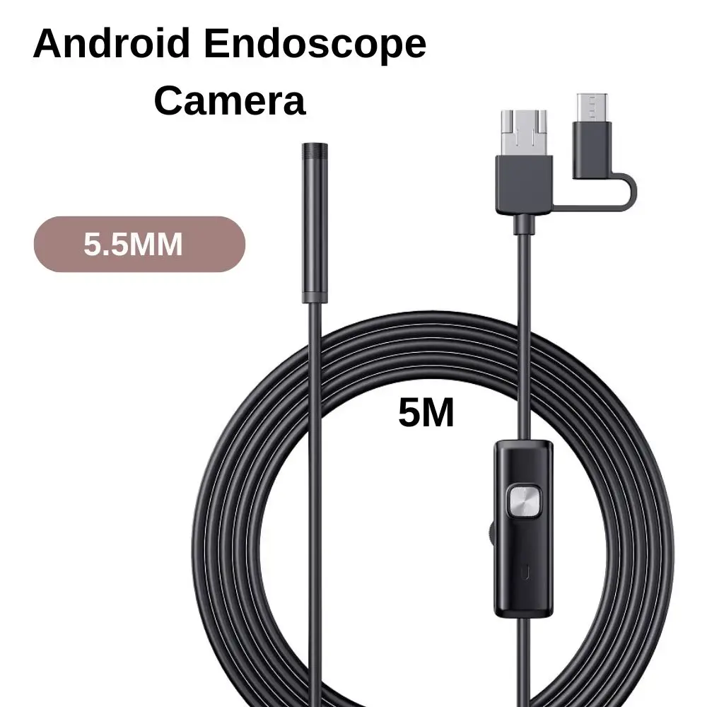 5.5mm IP67 Waterproof Industrial Endoscope Camera with 5m Cable 3-in-1 USB Borescope Inspection Snake Camera for Android & PC