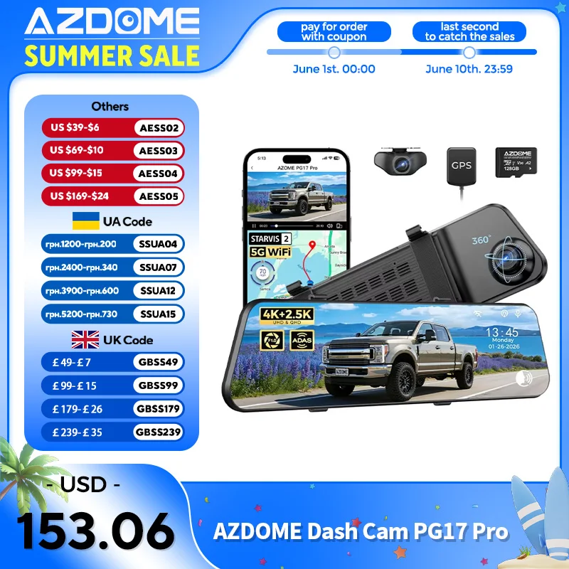 Cámara para Auto AZDOME PG17 Pro 4K con Doble Canal, Visión Nocturna STARVIS 2, GPS, WiFi 5.8G, Actualización OTA, Cámara de Retroceso con Asistencia de Reversa