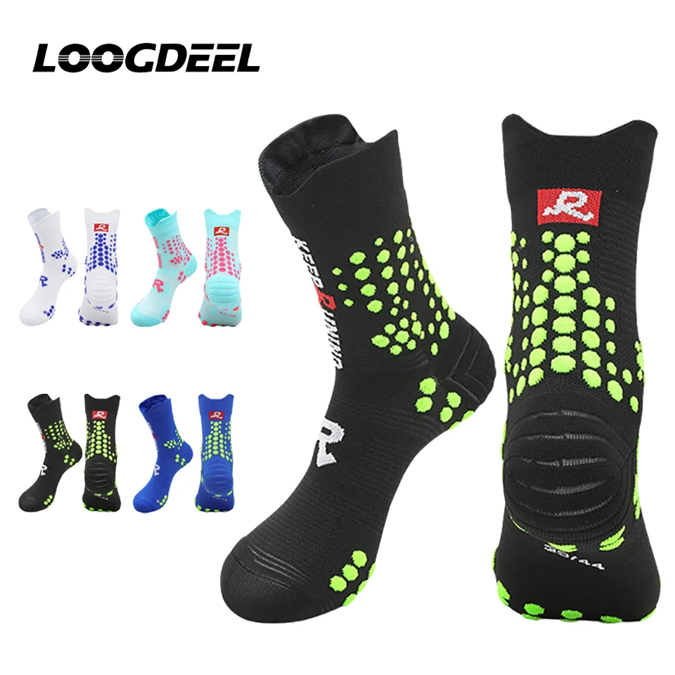 LOOGDEEL Professionelle Sport-Laufsocken, atmungsaktiv, rutschfest, Wandersocken, Terry-Sohle, Marathon-Kompressions-Radsocken, Unisex