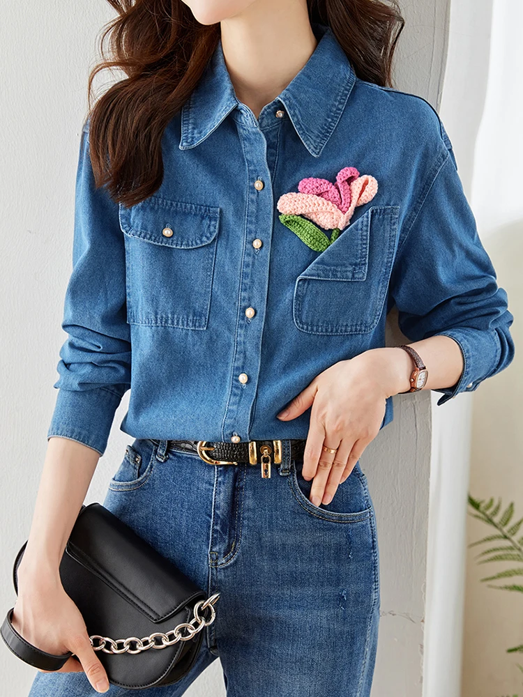 Turn-down Collar Single-breasted Loose Denim Shirts For Women 2024 Autumn Vintage Casual Shirts Fashion Hooked Flower Tops