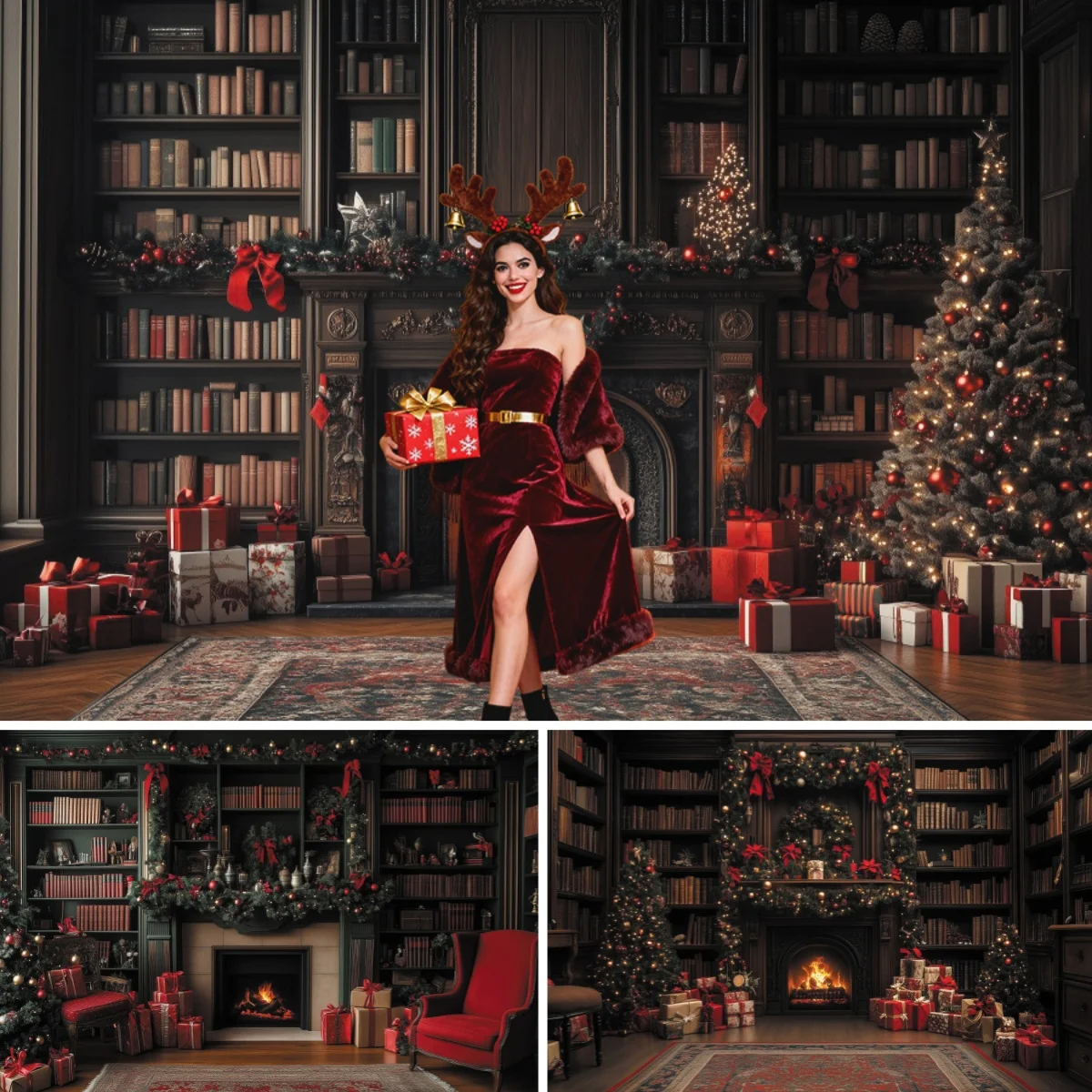 Christmas Fireplace Photography Backdrop Retro Bookshelf Wreath Xmas Trees Gifts Adults Xmas Party Decoration Photo Background