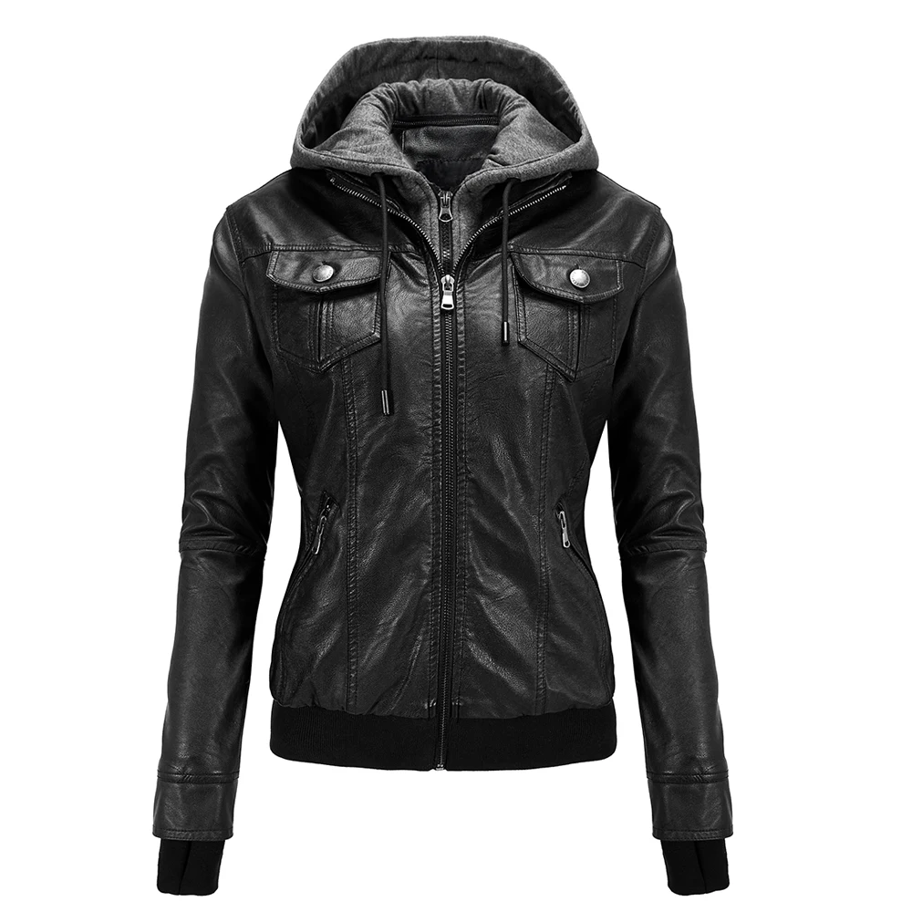 2024 New Women\'s Motorcycle Leather PU Hooded Leather Women\'s Washed Leather Jacket Coat Zipper Vintage Lapel Jacket