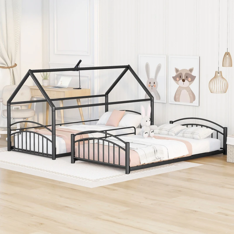 Litera de Metal con tobogán, cama de casa para niños, color negro y rojo