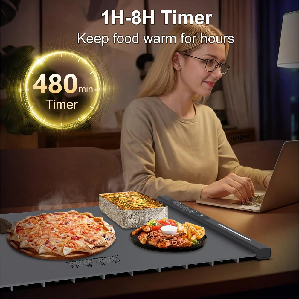 صينية الاحترار الكهربائية حصيرة تسخين الطعام مع 8 إعدادات تيم قابلة للطي سريعة لوحة تسخين السطح الكامل صينية تسخين الطعام الكهربائية