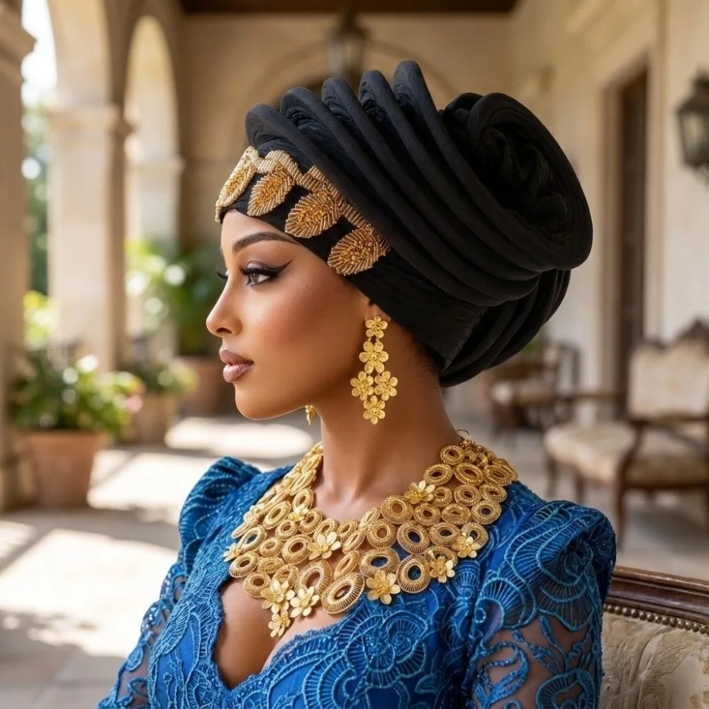 Vintage Shiny African Gele Headwrap Polyester Gold Embellished Yoruba Turban Hat Pre-tied Leaf Traditional Headpiece Daily