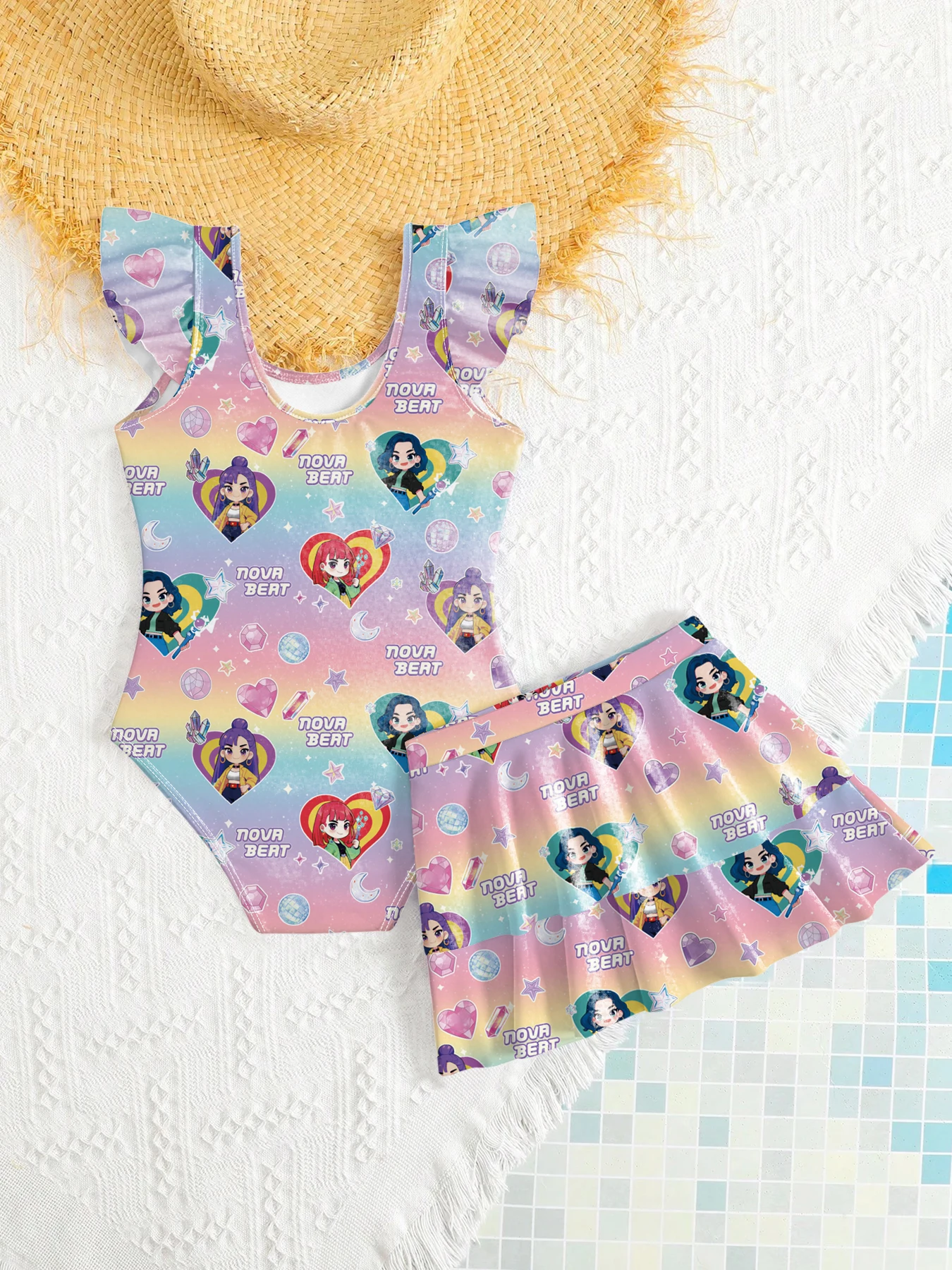Comfy Kids Girls Two Piece Swim Outfit, U Neck Ruffle Shoulder Ombre Rainbow Q Cartoon Girl Printed One Piece Swimsuit & Tiered