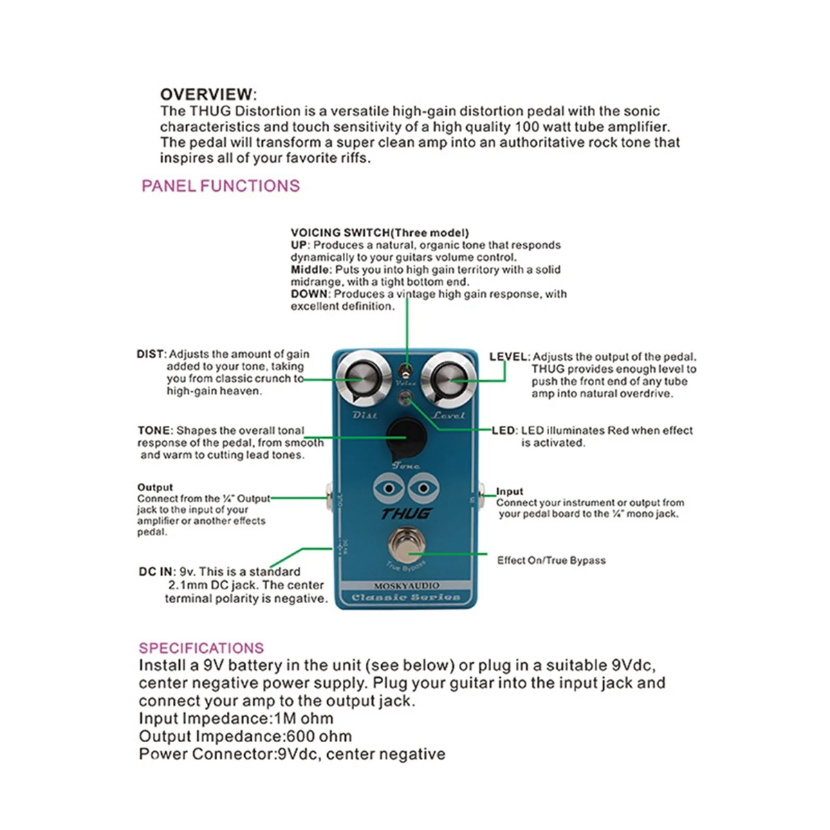 ABJQ Thug High Gain Classic Distortion Effektpedal für E-Gitarre, 3 Distortion Tone mit Dist Level und Tone Control