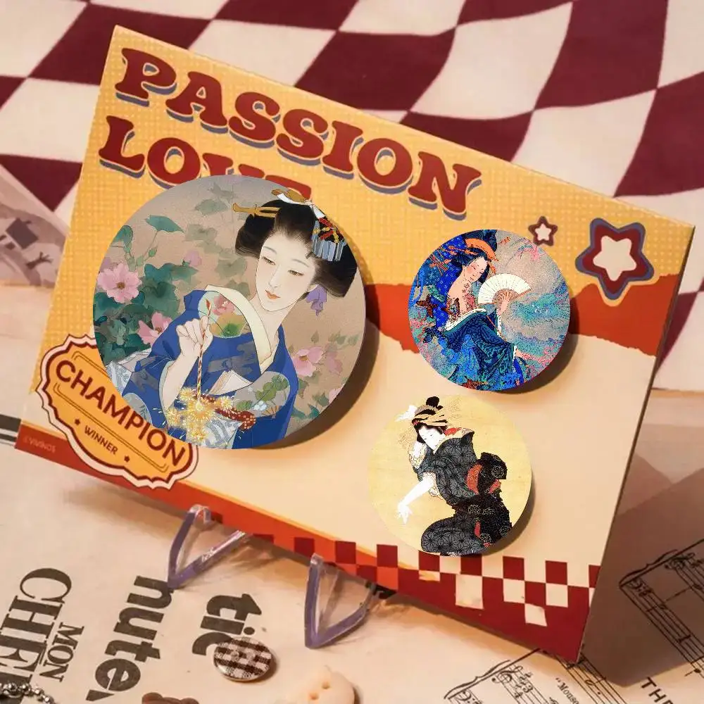 Classic Retro Japanese Lady Geisha Badge Tinplate Meme Round Brooch For Hat Bag Creative Lapel Jewelry Accessories Gifts