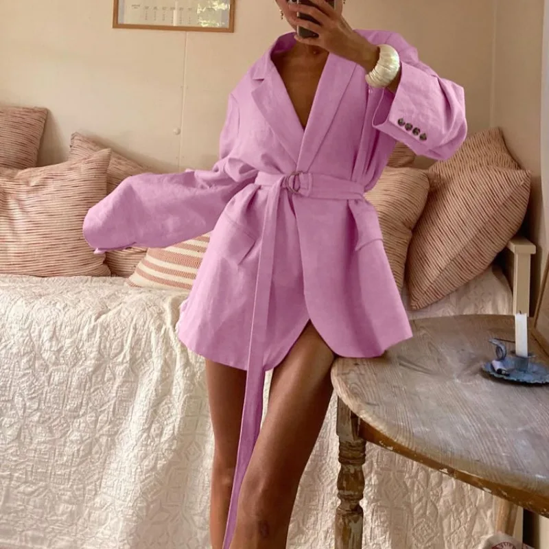 

2025 Fashion Cotton Linen Cardigan Short Dress Women's Fashion Lapel Long Sleeve Tie Shirt Dress Suit Skirt
