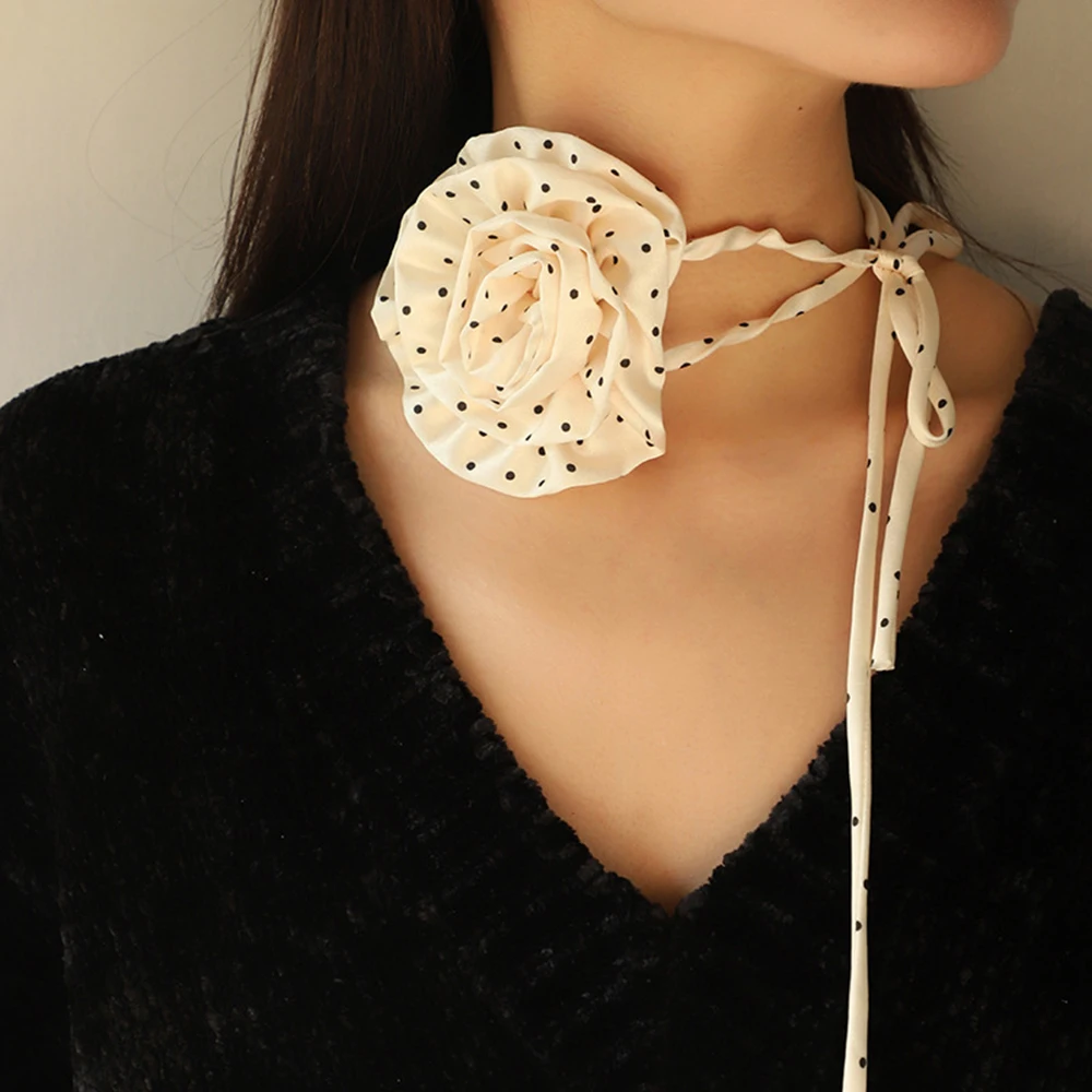 

New Chiffon Polka Dot Rose Choker Necklace For Women Europe And America Cross-border Long Bow Jewelry Decorations