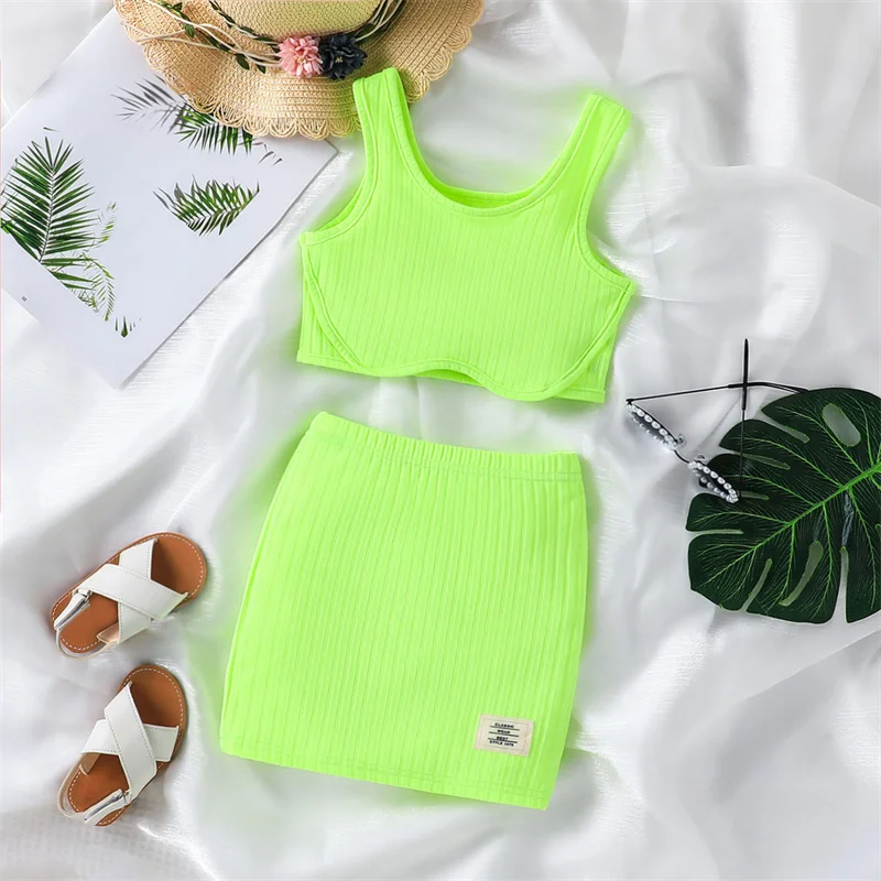 

Girls Summer Vest Sets Kids Casual Short Top+Skirt 2Pcs 2024 New Children Solid Colour Cool Suit Toddler 4-7Y Fashion Clothing