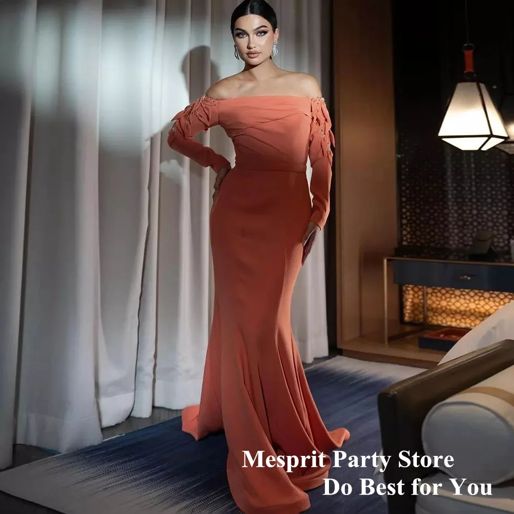 

Sexy Saudi Evening Dress Mermaid Party Gown Boat Neck Long Sleeves Beading Sequined Sweep Train Arabic Prom Dresses Robe Soiree