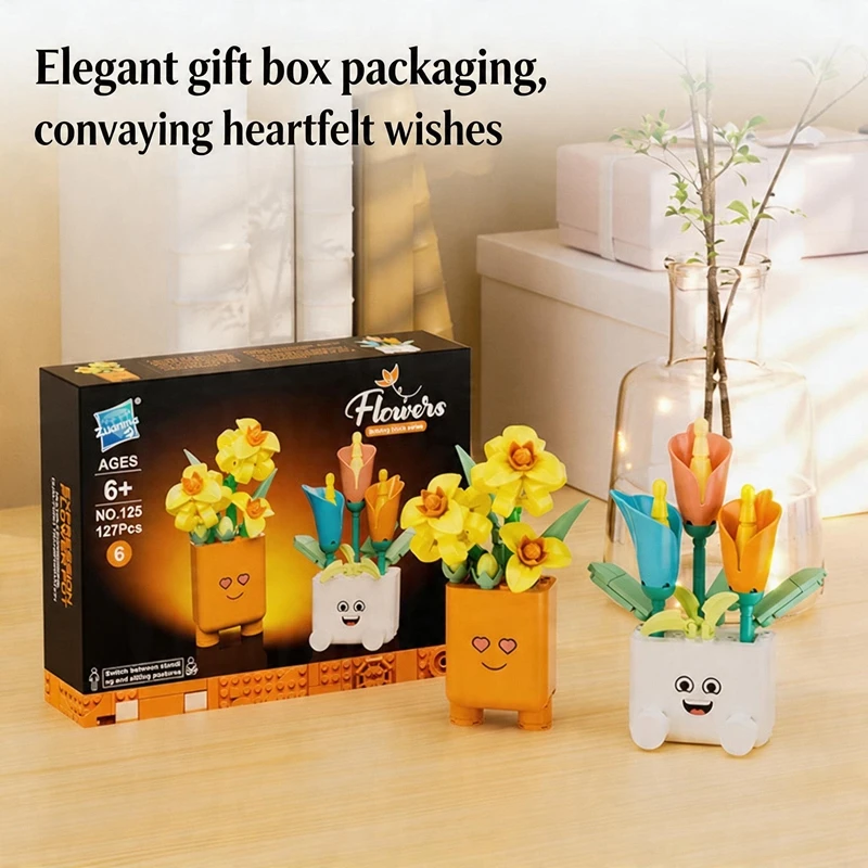 Blocs de construction floraux créatifs et émotionnels : Modèle de plante en pot, bonsaï, jouets anti-stress à assembler, cadeaux et ornements