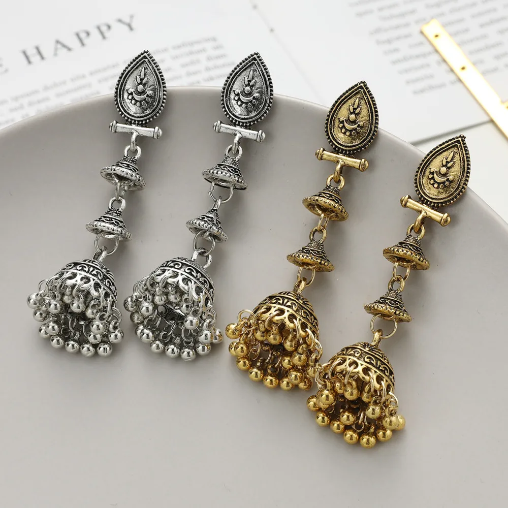 Ethnic Style Retro Indian Earrings Jewelry Women's Fashion Vintage Antique Beads Bells Tassel Jhumka Earrings