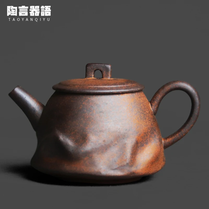 Rock Mineral Clay Positive Handle Small Teapot Vintage Rough Pottery Kung Fu Tea Ceremony Tea Bag Brewing Pot