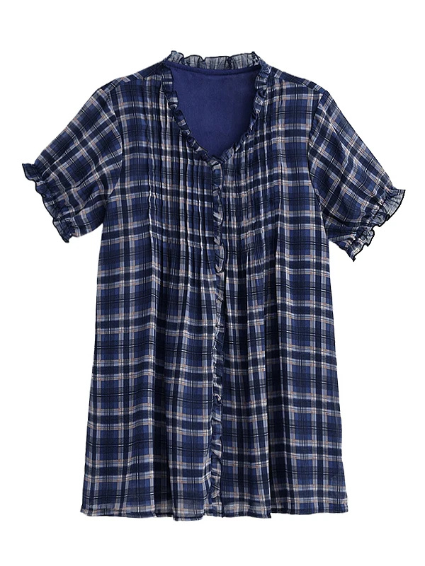 Faionable High-End Plaid Chiffon irt Donna Plus Size Estate Sciolto Codice grande Copertura della pancia di media lunghezza Dimagrante Alla moda irt