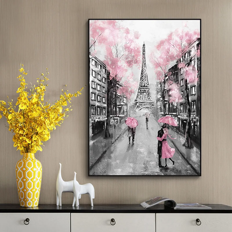 Pink Romantic City Couple Paris Eiffel Tower Posters Prints Landscape Canvas Painting Wall Art Pictures Living Room Home Decor