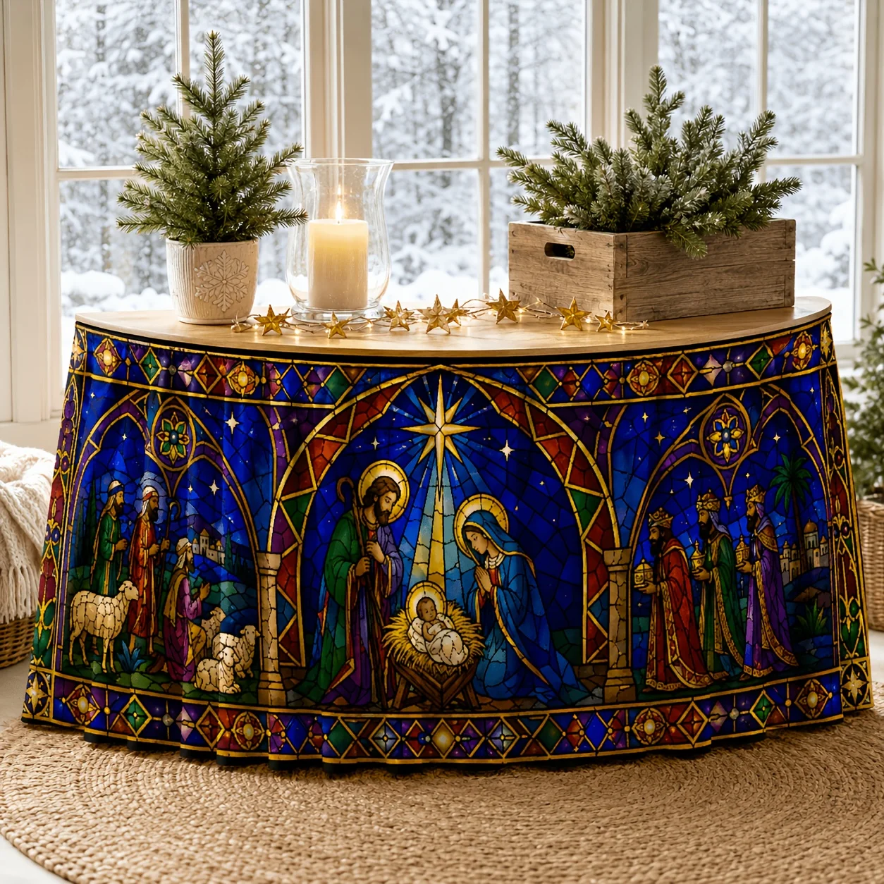 One tablecloth or table skirt, polyester, colored glass, Christmas, San Jose, Three Wise Men, Shepherdzyc