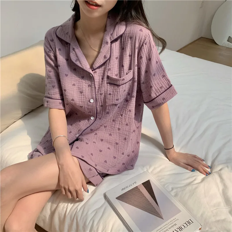 Lovely Heart Print Summer Pajamas Set Women Single Breasted Shirts + Shorts Set Two Piece Home Suit Cotton Sweet Kawaii