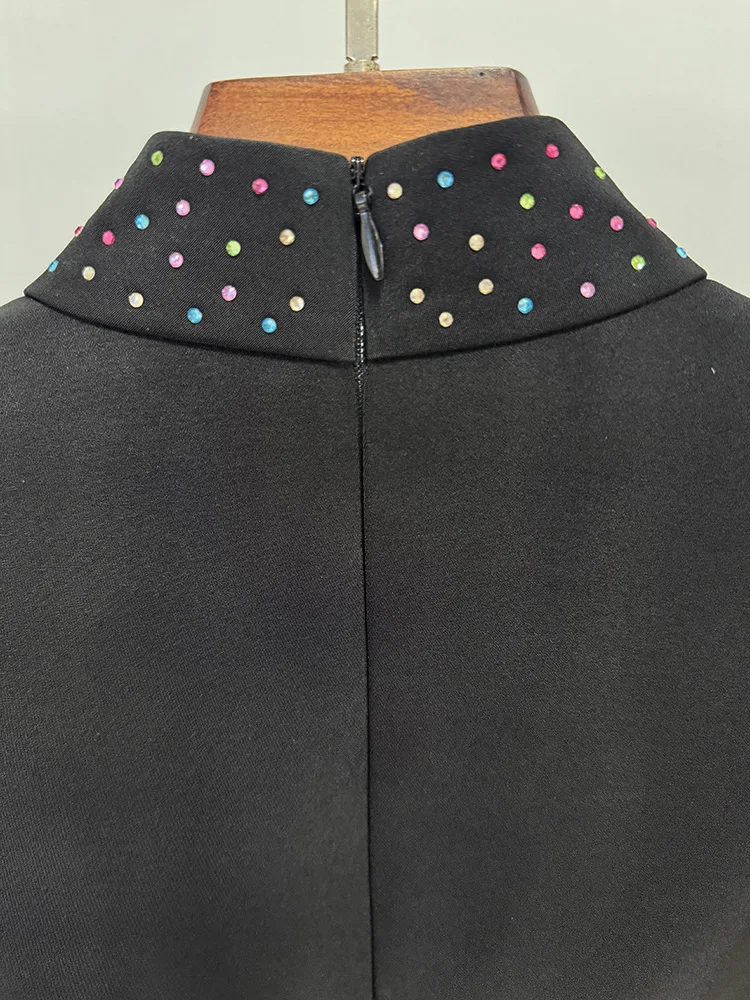 HIGH STREET Newest 2025 Designer Fashion Women's Colorful Beaded Standing Neck Long Sleeve Dress