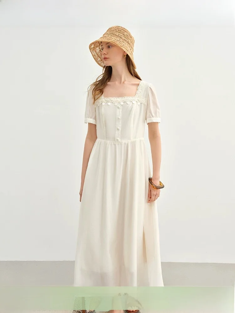 

Large Size Holiday Wave Skirt Women's Summer Travel Outfit Long Lace Weave Belt Square Collar Dr Commute Sle High Waist