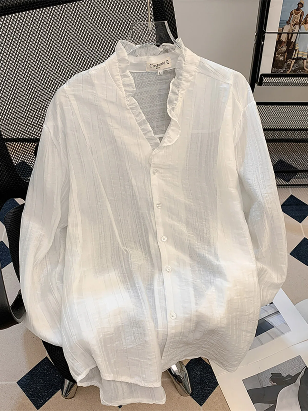 Spring Autumn V-neck Ruffles Shirt For Men Solid Color Simple Single Breasted Top French Fashion Elegant Male Shirts