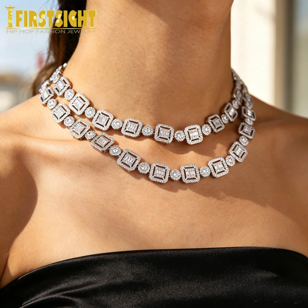 New Iced Out Bling Cubic Zirconia Geometric Round Square Cz Cluster Tennis Link Chain Necklace Jewelry Men Women