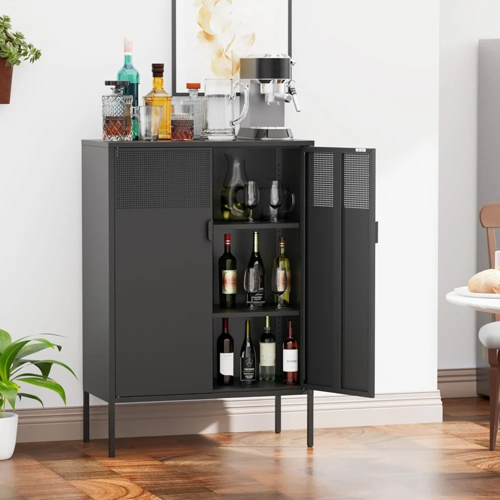 

Coffee Bar Cabinet, 3-Tier Buffet Cabinet with 2 Adjustable Shelves, Metal Storage Sideboard for Kitchen, Office, Living