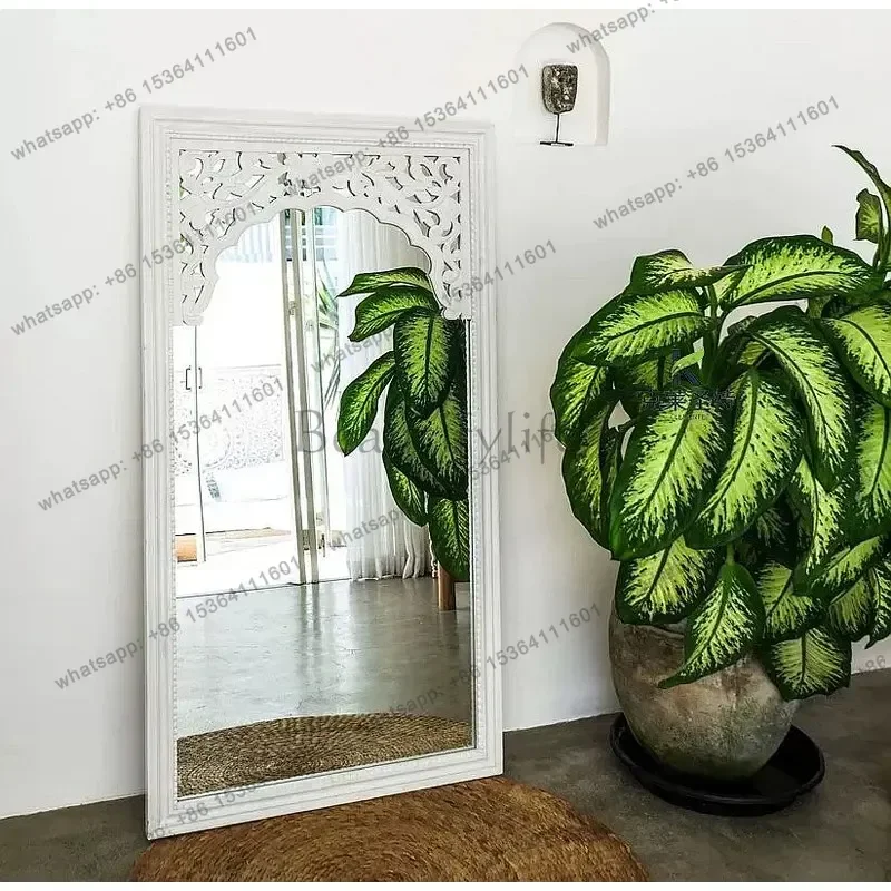 YJ Vintage Wooden Wall Mounted Arched Mirror French Carved Decorative Full Length Mirror for Living Room