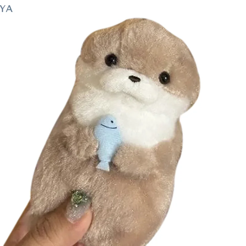 

[Y]Cartoon Cute Otters Holding Fish Plush Doll With Chain Creative Kawaii Keyrings Hanging Pendant Jewelry School Bag Charms