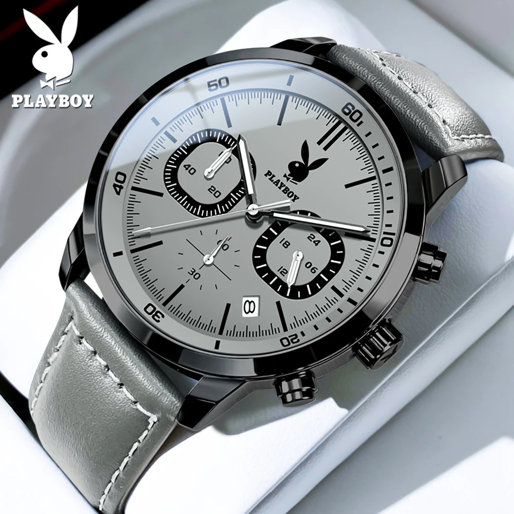 PLAYBOY Top Brand Fashion Watch for Men Leather Strap Luxury Quartz Men's Watches High Quality Casual Waterproof Wrist Watch Men