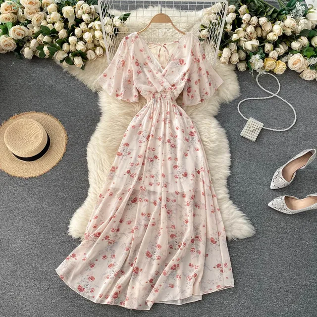 Kwiatowe nadruki Retro wzburzyć szyfonowa elegancka spódniczka Midi-line V Neck plaża sukienka na wakacje kobiety koreański moda lato Vestidos