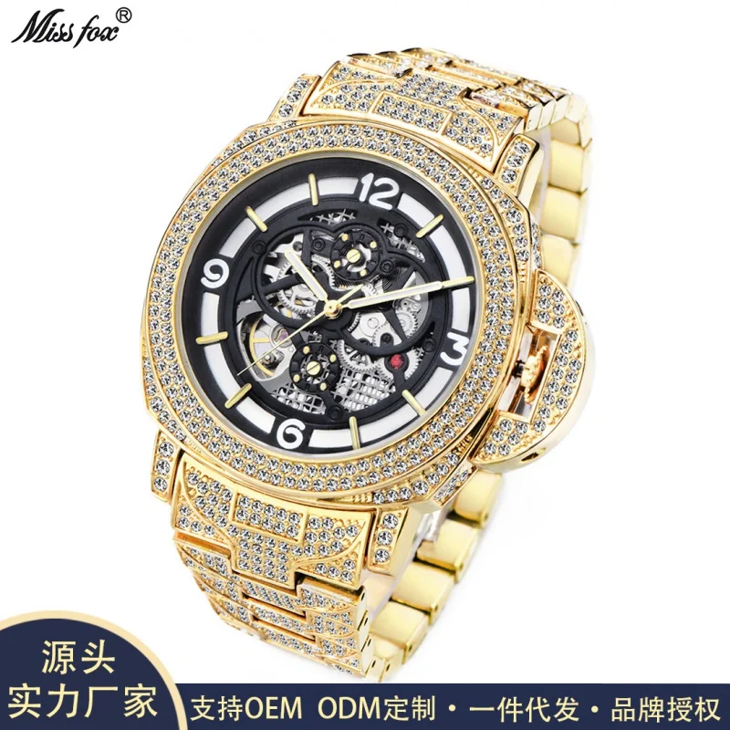 

Official brand free shippingEuropean and American Large Dial Full Diamond Luminous Hollow Transparent Bottom Automatic Mechanica