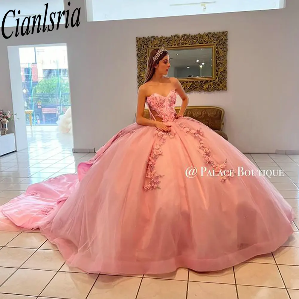 

Розовые 3D цветы аппликации кружевные платья Quinceanera бальное платье иллюзия милая корсет без рукавов Vestidos De XV Anos