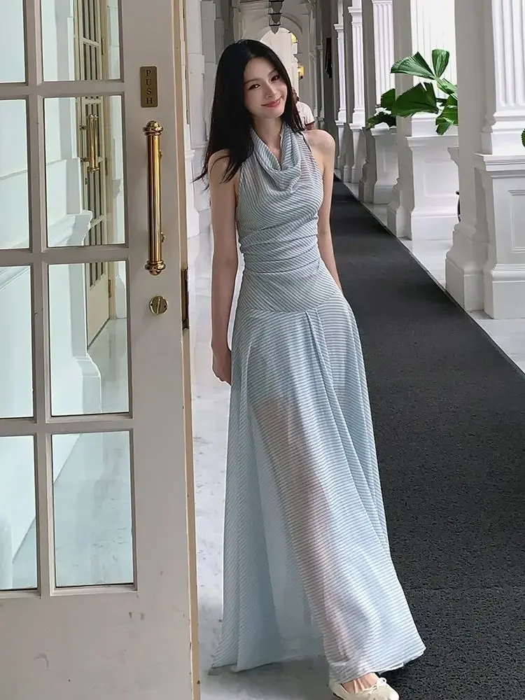 

French Holiday Style Blue-green Striped Chiffon Waist-cinching Long Halter Neck Dress for Women, New Summer 2026