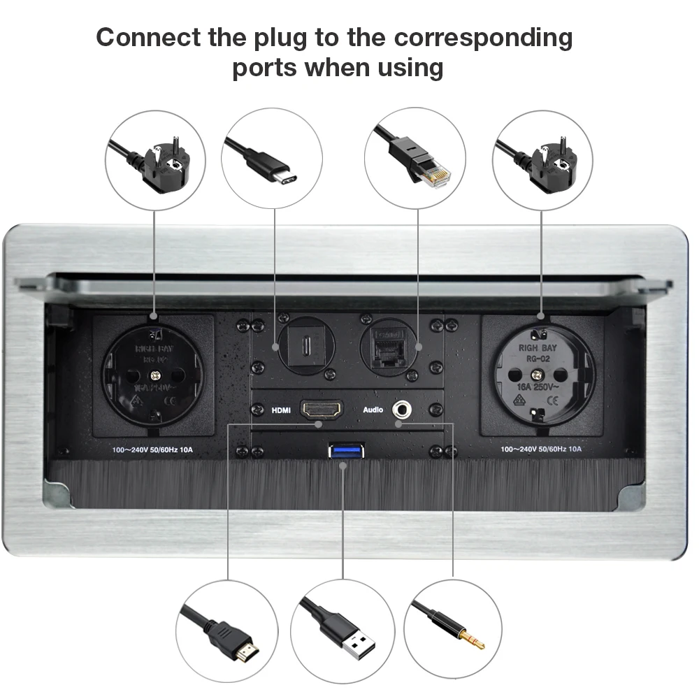 EU Standard Conference Tabletop Multimedia Connectivity Box Aluminium Alloy Flip Up Brushed Finish Socket