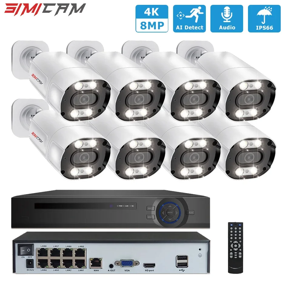 Kit de Caméra de Sécurité POE 4K 8MP, 8 Canaux, NVR, Étanche, en Métal, avec Vision Nocturne, Audio, pour la Maison et la Rue, Ensemble de