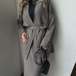 Casual Multi-color Long Sleeved Women's Suit Elegant Pocket Knitted Two Piece Set Autumn V Neck Lace Up Cardigan + Skirt Outfit