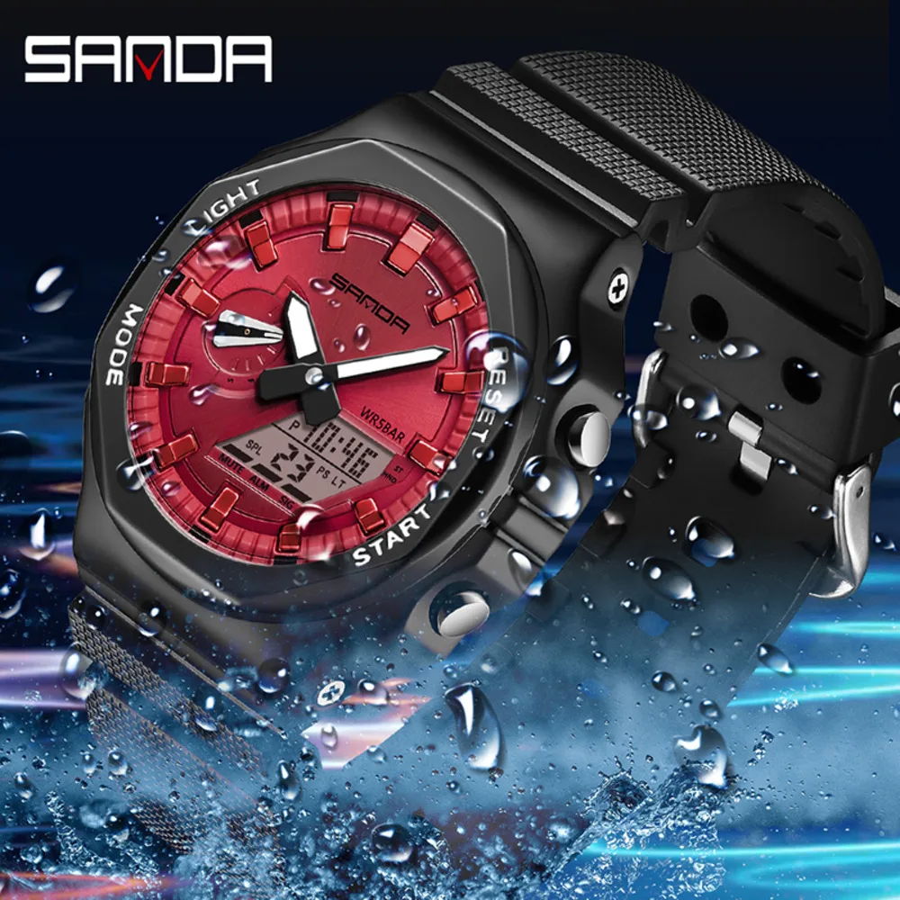 SANDA-Reloj de pulsera deportivo para hombre, cronógrafo de cuarzo con doble pantalla LED, resistente al agua hasta 50M, a la moda, 3167