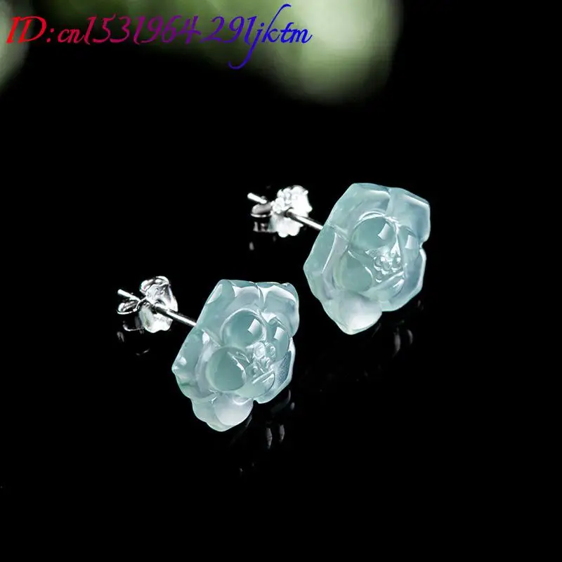 Blue Burmese Jadeite Flower Earrings 925 Silver Fashion Accessories Ear Stud Charm Jewelry Natural Burmese Jade Amulet 2