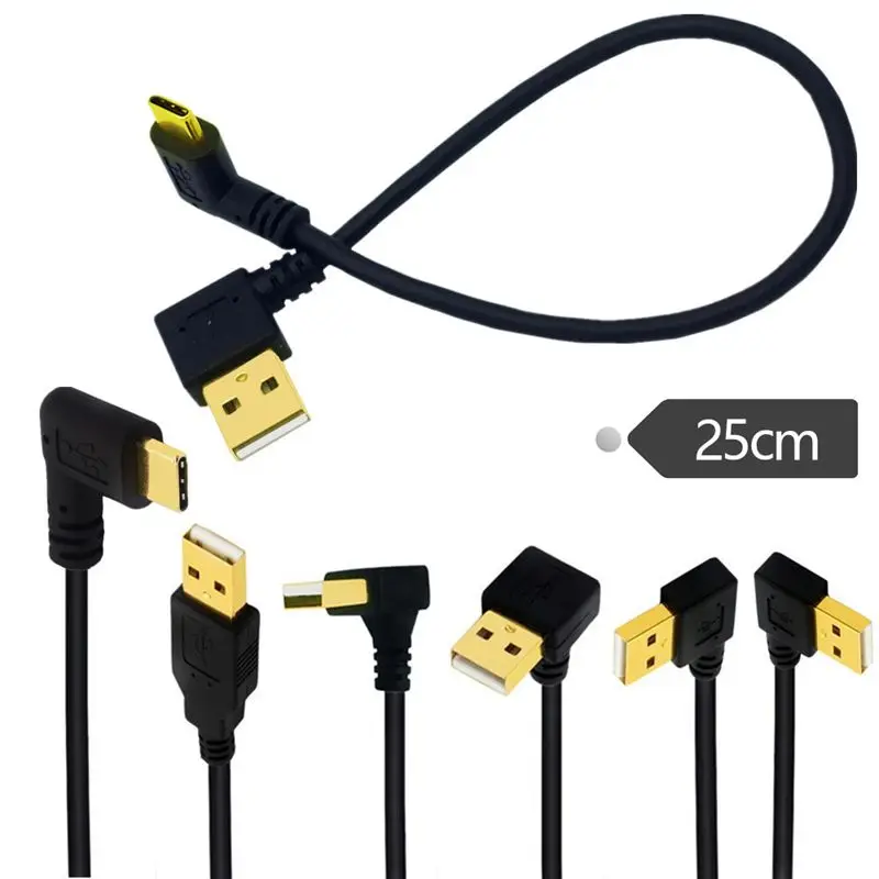 0.25m Gold Plated Type-C Data Cable USB2.0 A Male 90 ° Bend to Type-C Male Bend Mobile Charging Data Adapter Cable