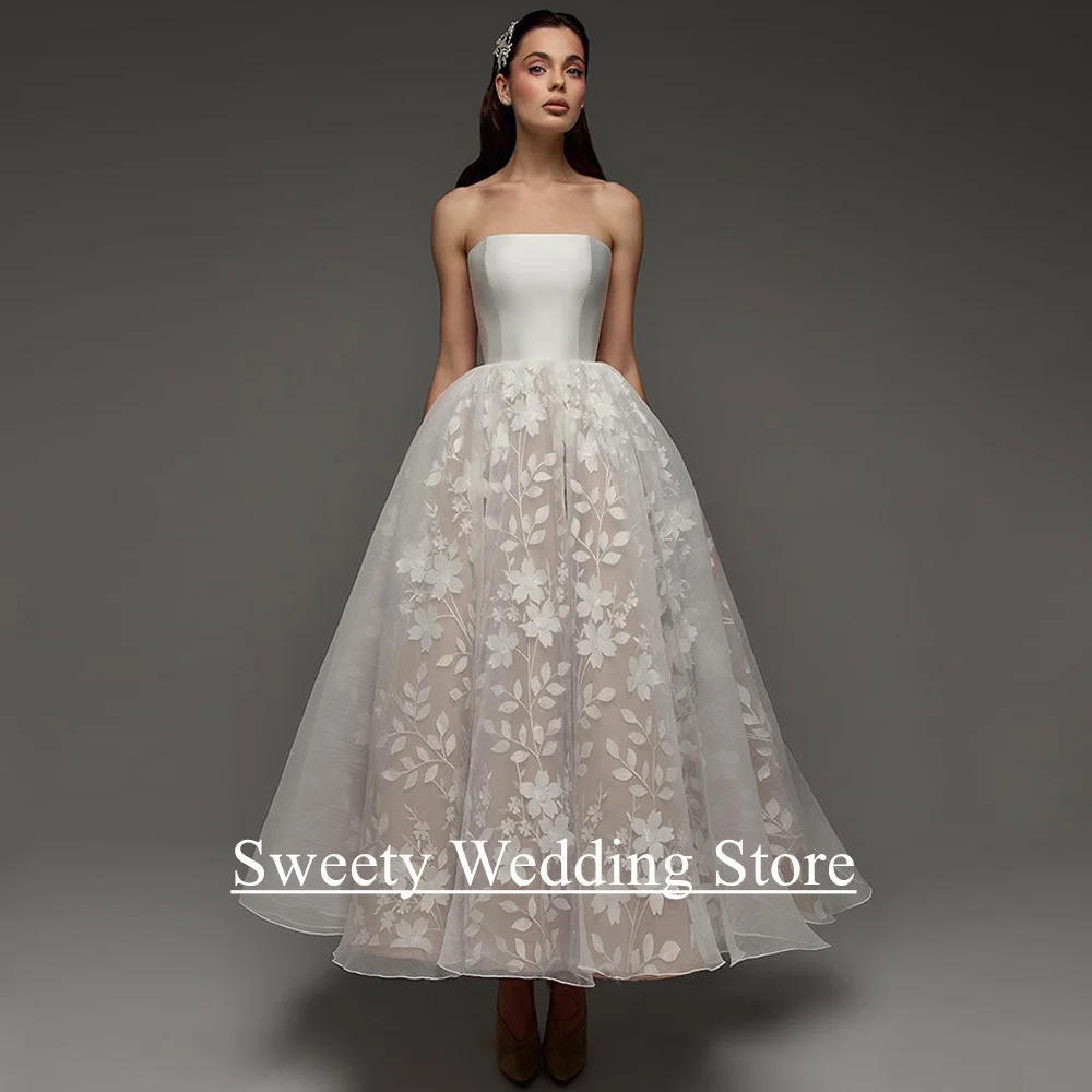 Pretty Wedding Dress Customized Strapless Sleeveless Exquisite Lace Ankle Length Corset Bridal Gown Vestido De Noiva