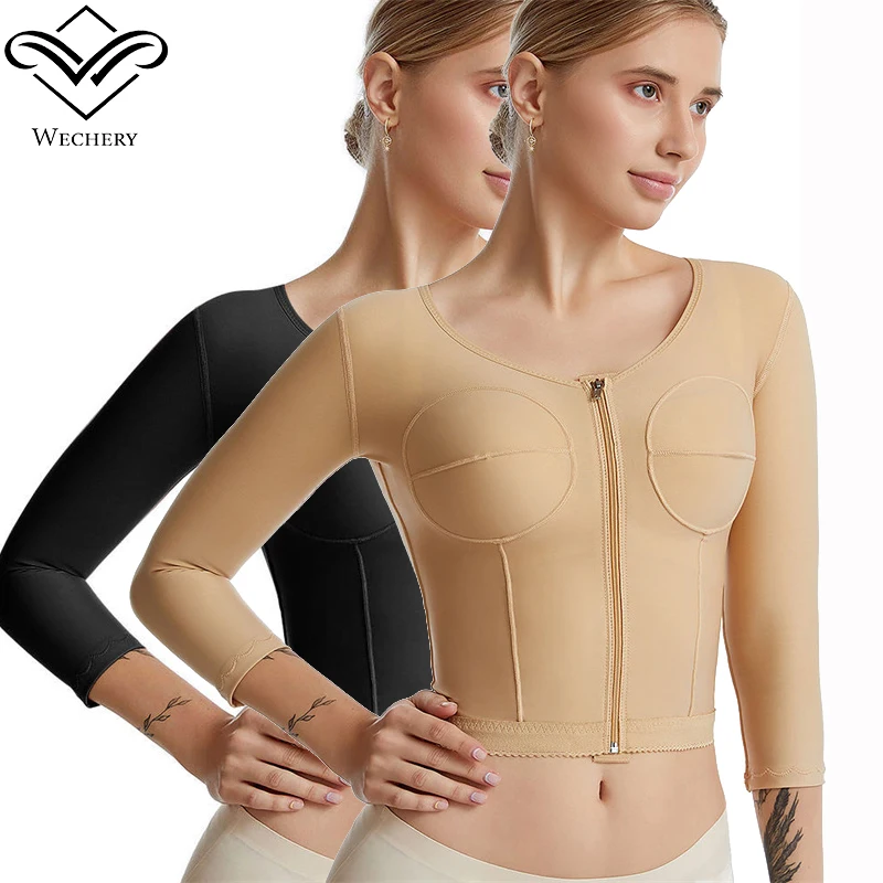 Wechery Trans Shapewear Top Women Body Shaper Post Operation Recovery Spandex Corset Top Zipper Forearm Sleeve