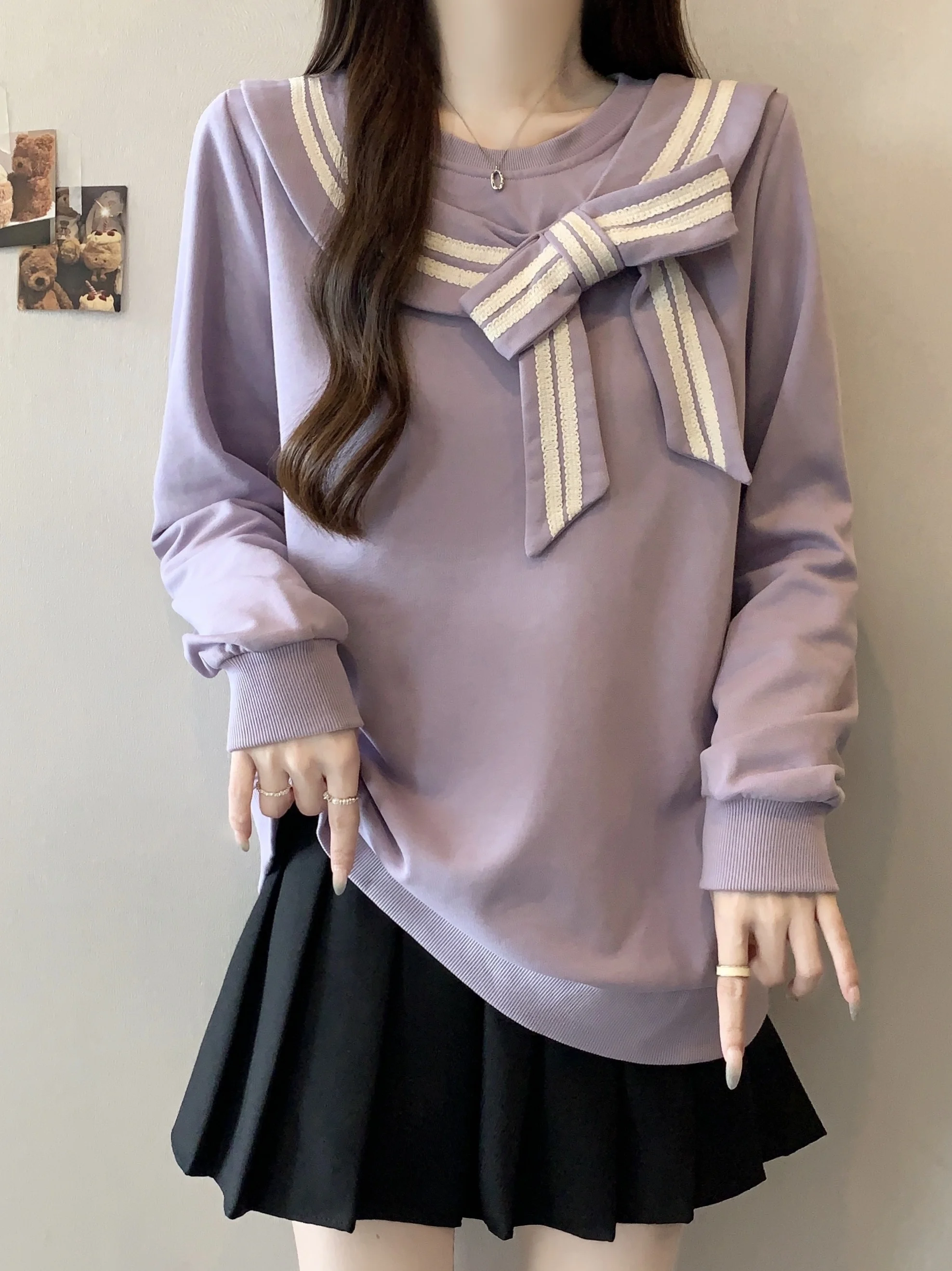 

plus Size Women's College Sle Long Sve Sweatirt with Bow Tie Belly Covering Loose Slimming Top for plus Size Women