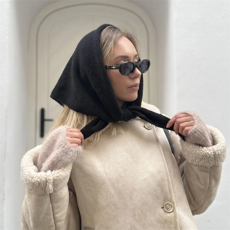 Womens Wool Blend Triangular Kerchief Solid Black Soft Touch Large Triangle Wrap Versatile Head Neck Cover Casual Shawl Scarf