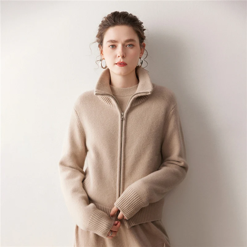 MVLYFLRT – Cardigan tricoté en cachemire pour femme, col à revers, pull avec fermeture éclair, mode courte, veste épaisse d'hiver, douce et confortable, 100%