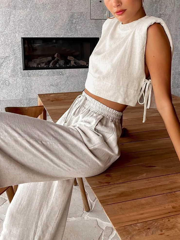 

Summer Women's Clothing Two Piece Set Sleeveless Padded Casual Outfit Elegant Long Pants Set For Woman Cotton Linen Blend