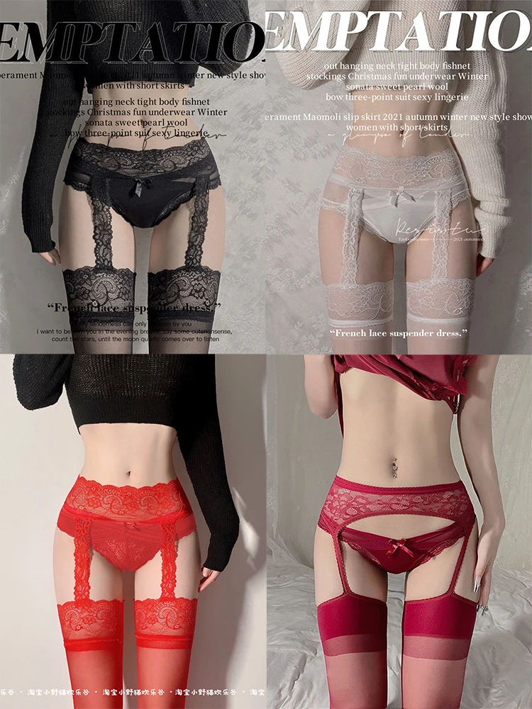 

Women Black Stockings With Belt Set High Fishnet Tights Erotic Lingerie Sexy Pantyhose Floral Print Long Mesh Lace Body Stocking