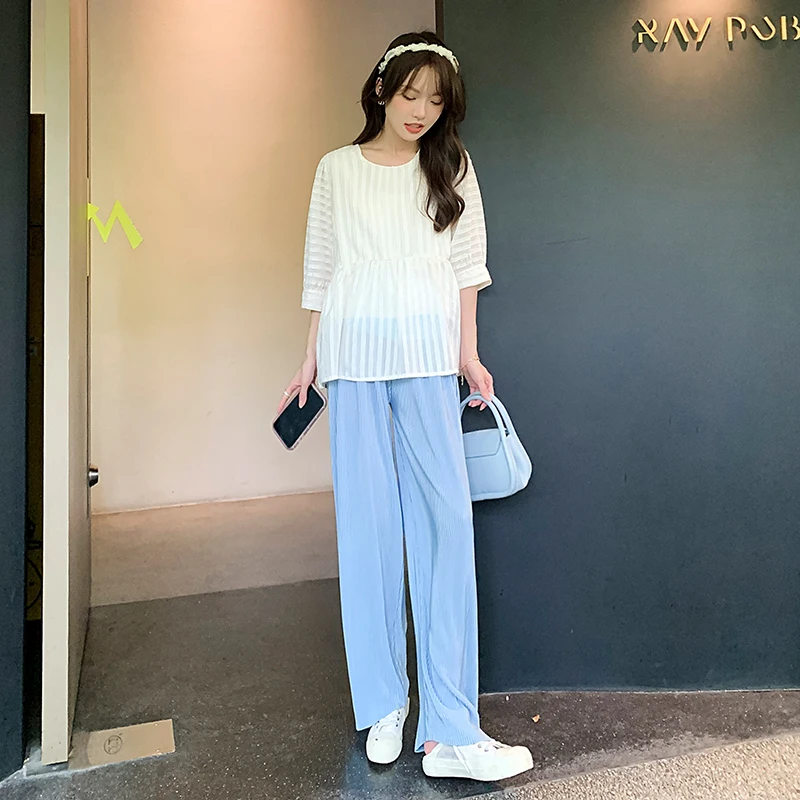 Korean Style Plus Size Maternity Clothes Set Half Sleeve Loose Shirts+Belly Pants Twinset Pregnant Woman Trousers Suit Wholesale